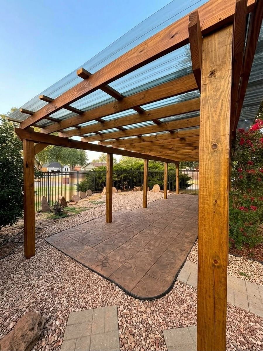 After: pergola finished with a rich wood stain